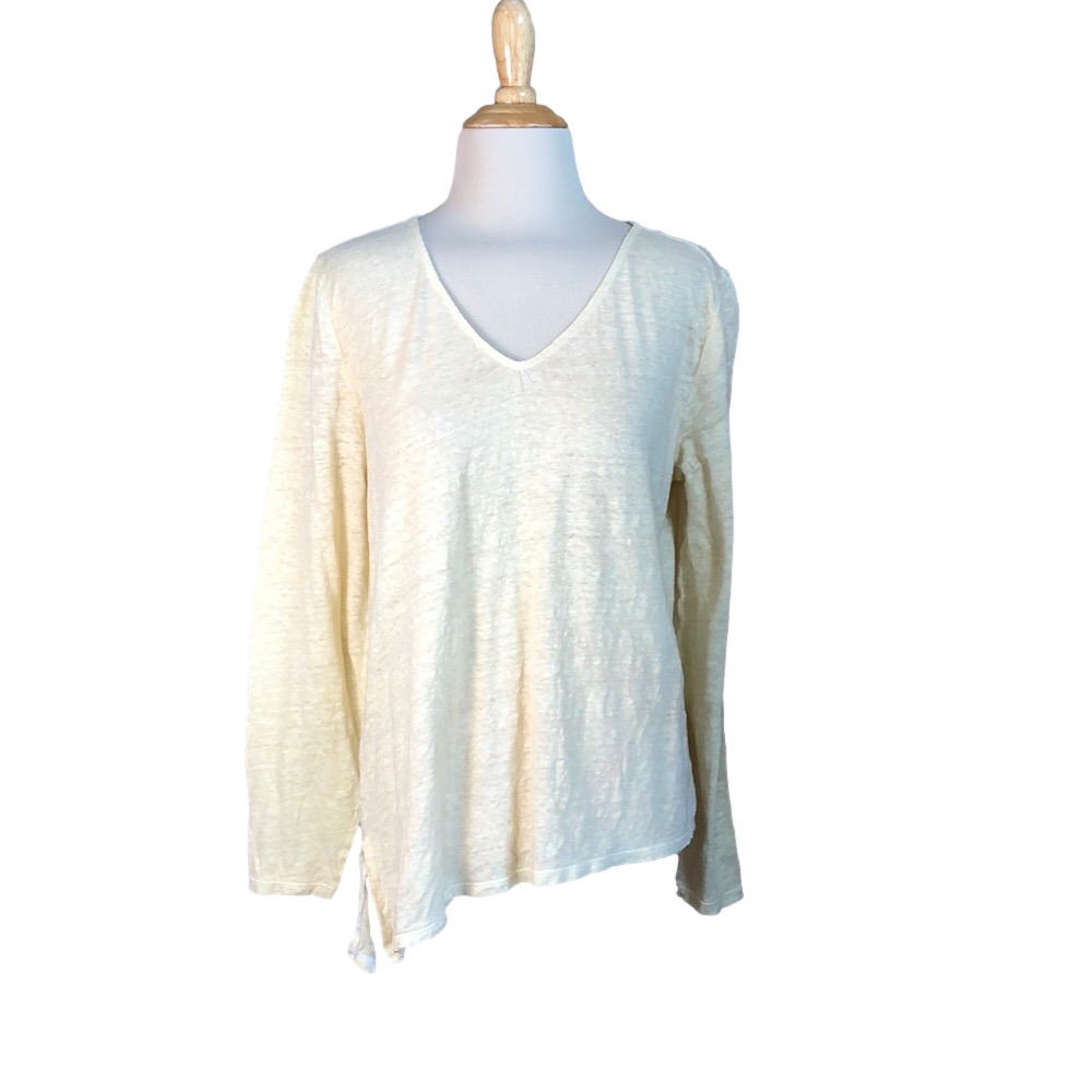 GARNET HILL Women's Medium Cream Organic Linen Asymmetrical Boxy Long Sleeve Top